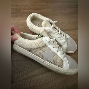 Vintage Havana Sherpa Lined Snakeskin White and Gold Star Mule Sneakers